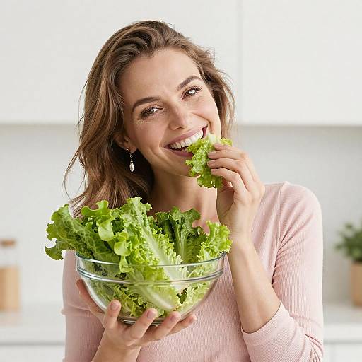 Joyful Woman Enjoying Fresh Lettuce