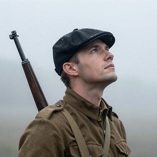 Rifle-Bearing Man Gazing Into Rainstorm