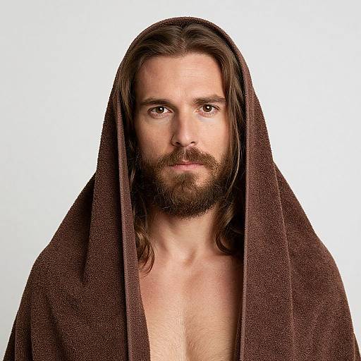 Photograph of a bearded, long-haired man with fair skin, wearing a dark brown towel draped over his shoulders, against a plain white background.