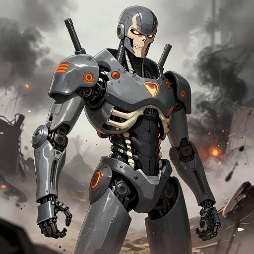 Digital art of a sleek, gray, futuristic robotic warrior with orange accents, standing in a smoky, war-torn battlefield.