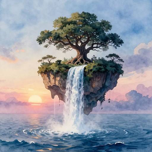 Digital painting of a floating island with a large tree and waterfall, surrounded by ocean, under a colorful sunset sky.