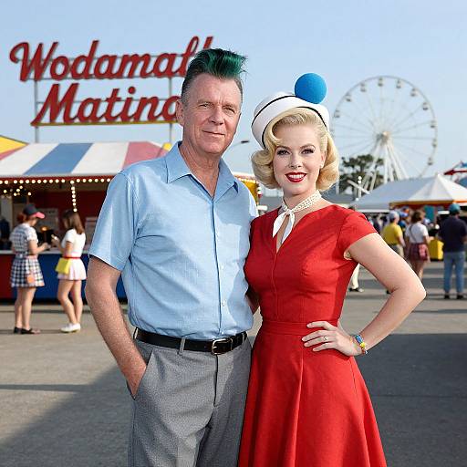 Photograph of a middle-aged man in a light blue shirt and gray pants, standing next to a blonde woman in a red dress and white hat,