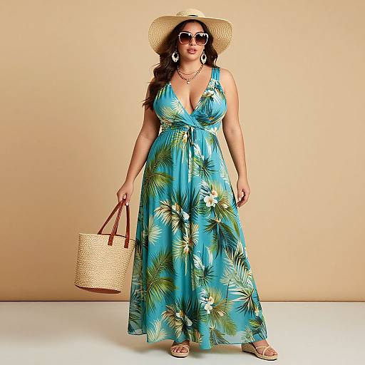 Photograph of a plus-size woman in a blue, tropical-patterned sundress, straw hat, sunglasses, holding a woven bag against a beige background