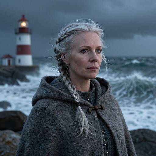 Photograph of a white-haired woman with braided hair, wearing a grey wool cloak, standing by a stormy ocean with a red-and-white l