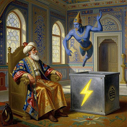 Photorealistic digital painting: An elderly bearded man in ornate robes and turban sits on a throne, watching a blue, muscular god with