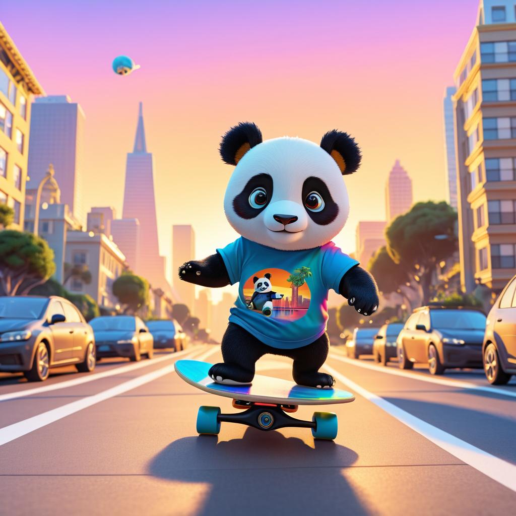 Playful Panda Skateboarding in Sunset City