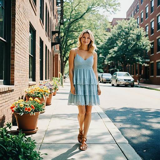 Sunny Day Fashion: Blonde in Blue Dress
