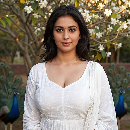 Photograph of a South Asian woman with dark hair, medium skin, wearing a white, long-sleeved dress, standing in a garden with pe