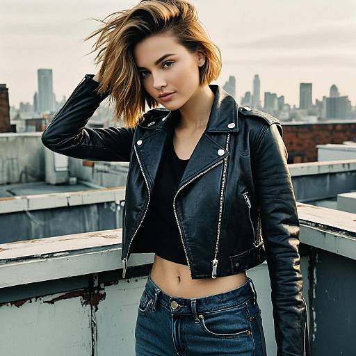 Fashion Model in Leather Jacket on Rooftop