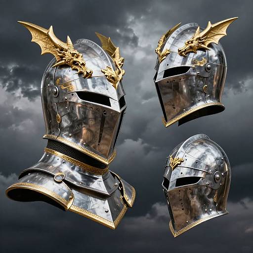 Photograph of three shiny silver medieval knight helmets with gold dragon wing accents, floating against a dramatic cloudy sky.