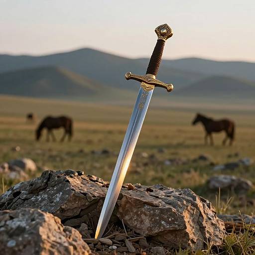 Photograph of a gleaming sword with ornate hilt, embedded in a rocky field, with two black horses grazing in the background under a mountain