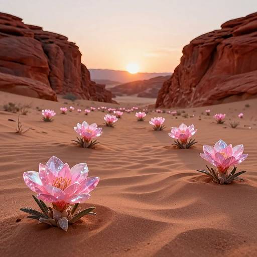 Photograph of a desert sunset with glowing pink lotus flowers blooming in the sandy, red-rock canyon landscape, casting soft light.