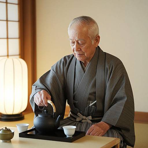 Photograph of an elderly Japanese man with white hair, wearing a dark gray kimono, pouring tea from a black teapot into a white cup on