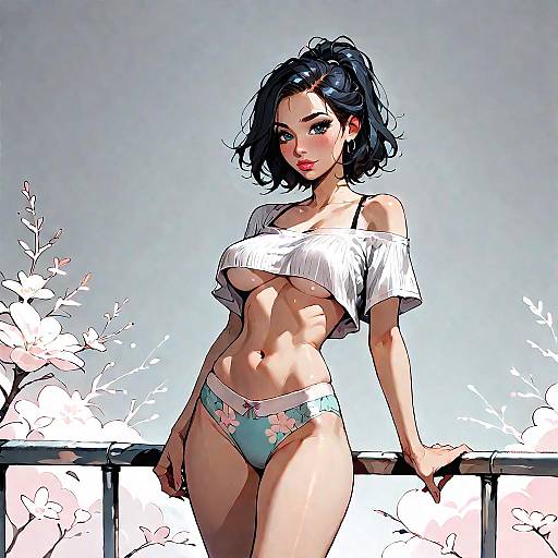 Stylish Woman in Crop Top and Floral Underwear on Balcony