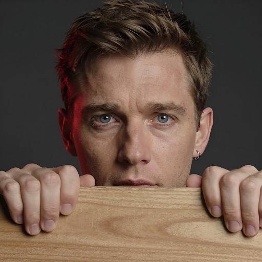 Man Holding Wooden Board with Intense Expression