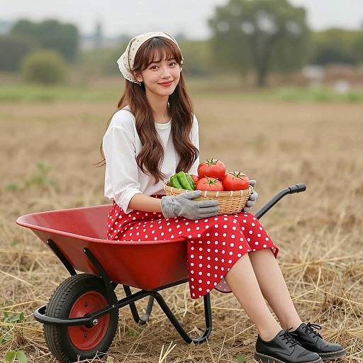 Young Woman Holding Basket of Vegetables Sitting on Wheelbarrow