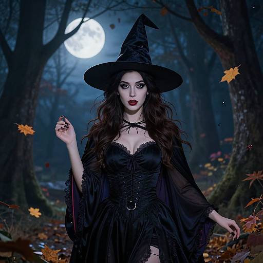 Digital artwork of a pale-skinned, dark-haired witch in a black dress and hat, holding a finger to her lips, standing in a moonlit