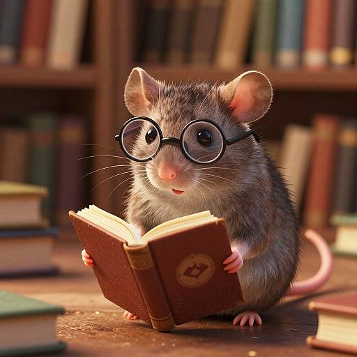 Photorealistic CGI of a mouse with round glasses, gray fur, and pink nose, reading an old book in a dimly lit, wooden book
