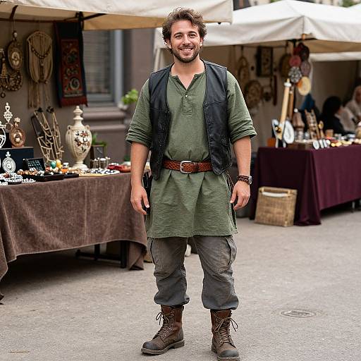 Photograph of a smiling, bearded man with curly brown hair, wearing a green tunic, black vest, brown belt, gray pants, and