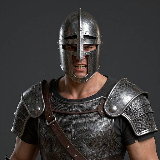 Photograph of a muscular man in medieval-style silver armor with a metallic helmet, black shirt, and dark background. Intense expression visible through helmet's