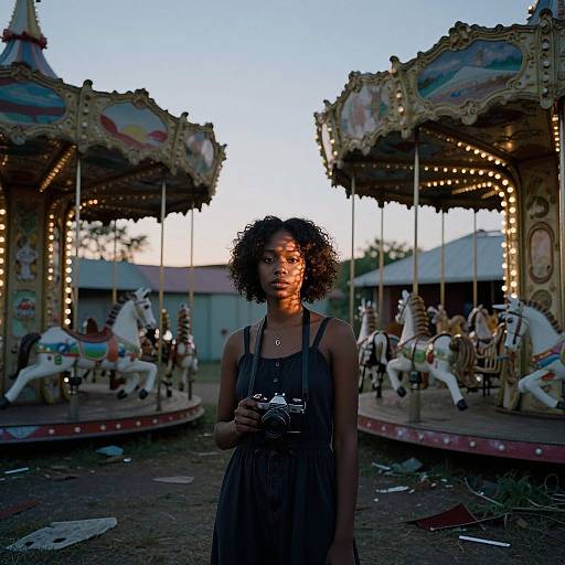 Photograph of a young Black woman with curly hair, wearing a black dress and holding a camera, standing in front of a vintage, illuminated carousel at