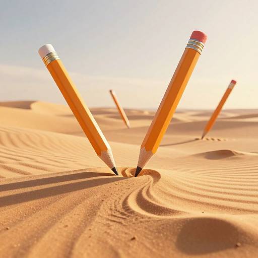 Surreal 3D Desert with Floating Pencils