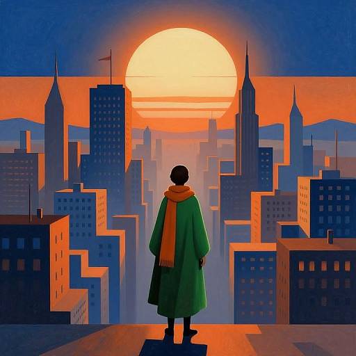 Digital illustration of a person in a green coat and orange scarf, facing a vibrant sunset over a stylized city skyline.