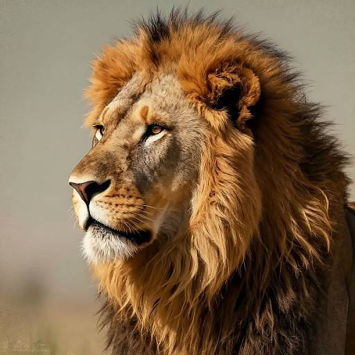 Photograph of a majestic male lion with a thick, golden-brown mane, intense yellow eyes, and a focused expression against a blurred, beige background