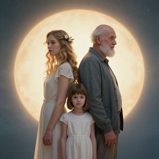 Photograph of a blonde woman, elderly man, and young girl in white dresses, back-to-back, standing before a glowing full moon.
