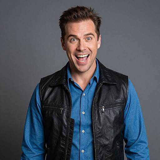 Photograph of a smiling, fair-skinned man with short brown hair, wearing a blue shirt and black leather vest, against a gray background.