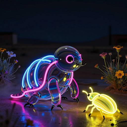 Glow-in-the-dark neon sculpture of a beetle and a caterpillar, surrounded by flowers, illuminated against a dark night background.