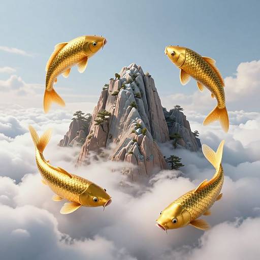 Digital artwork: Four golden koi fish circle a misty, rocky mountain peak surrounded by fluffy white clouds under a bright blue sky.