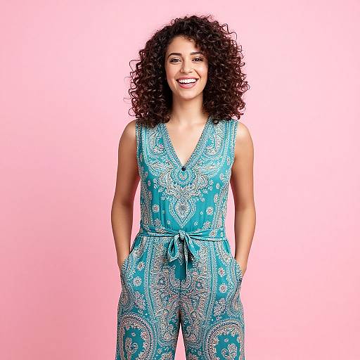 Photograph of a smiling woman with curly dark hair, wearing a sleeveless, turquoise, paisley-patterned jumpsuit, standing against a pink background