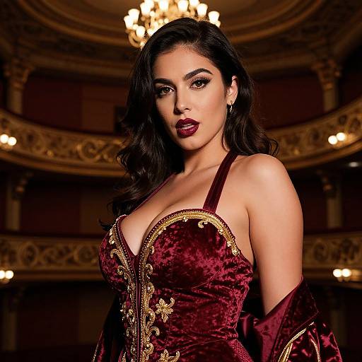 Photograph of a dark-haired woman with striking makeup, wearing a deep red velvet corset with gold embroidery, in a luxurious, ornate theater with
