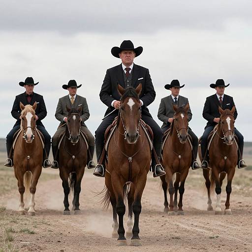 Photograph of six men in black cowboy attire and wide-brimmed hats riding brown horses down a dirt road under a cloudy sky.
