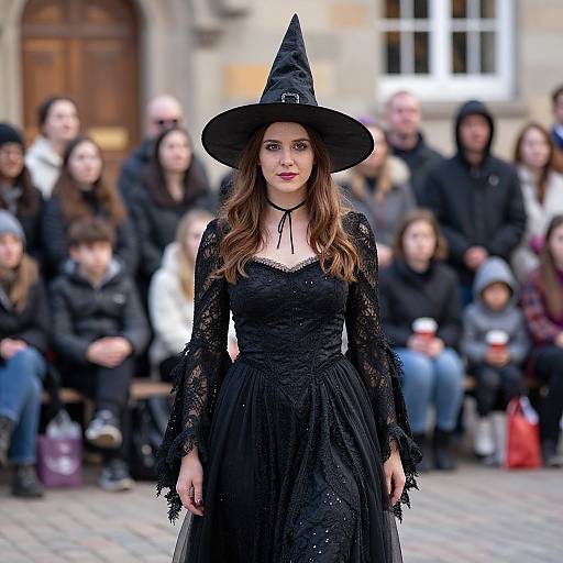 Photograph of a young woman with fair skin, wearing a black lace witch dress and hat, standing confidently in front of a blurred crowd dressed in dark