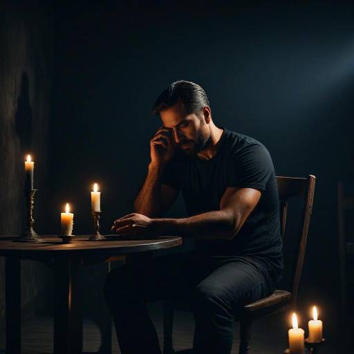 Melancholy Man in Candlelit Darkness