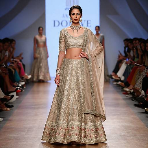 Photograph of a confident Indian model in a shimmering gold traditional lehenga set with a matching dupatta, walking down a brightly lit runway with an