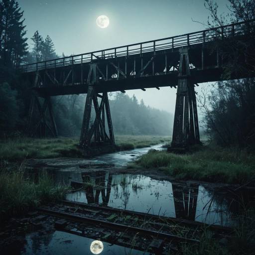 Misty Abandoned Railway Bridge in Wetland Misty Abandoned Railway Bridge in Wetland