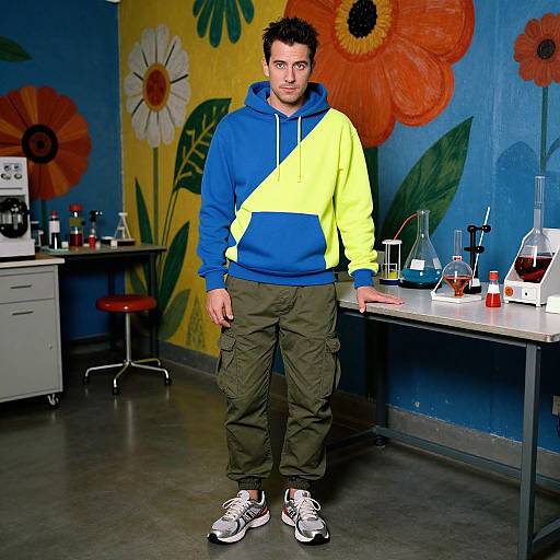 Photograph of a man with short dark hair, medium build, wearing a blue and yellow hoodie, olive cargo pants, and white sneakers, standing in