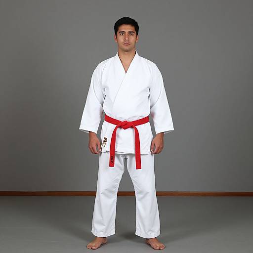 Photograph of a young man with short black hair, medium build, wearing a white karate gi with a red belt, standing barefoot against a