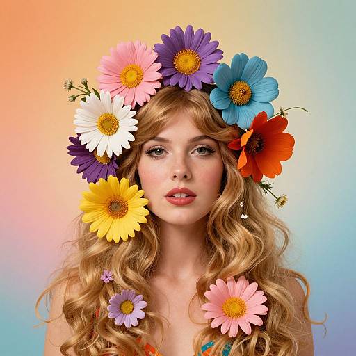 Digital art of a blonde woman with wavy hair, wearing a colorful flower crown with daisies against a gradient rainbow background.