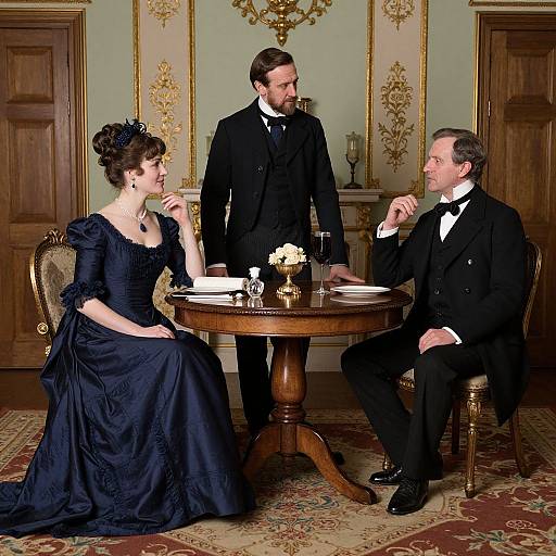 Photograph of three Victorian-era dressed individuals: a bearded man standing, a woman in black gown seated, and another man in black suit seated,