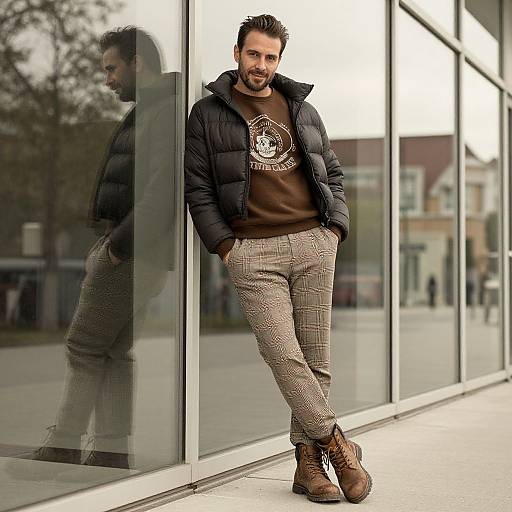 Photograph of a bearded man with dark hair, wearing a black puffer jacket, brown sweater, checkered pants, and brown boots, leaning
