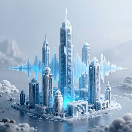 Digital CGI of a futuristic cityscape with glowing blue energy, high-rise skyscrapers, and ethereal light waves, set against a cloudy sky.