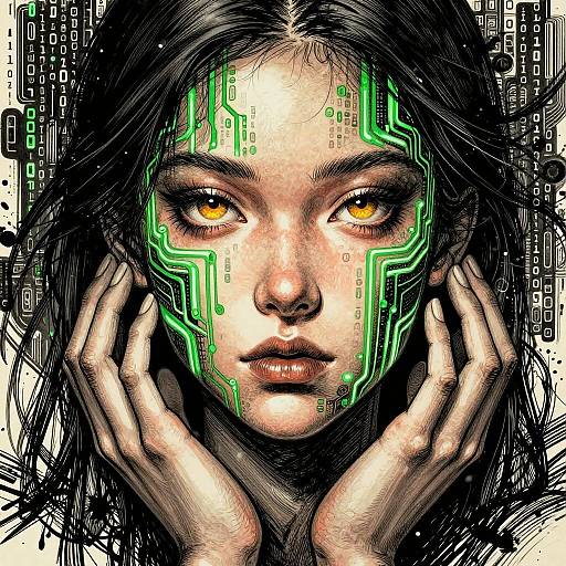 Digital artwork of a young woman with glowing yellow eyes, black hair, and green circuit patterns on her face, hands gently framing her face, set against