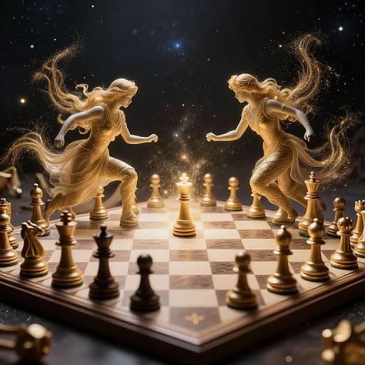 Digital artwork of two golden, ethereal women in dynamic poses, playing a luminous chessboard against a starry galaxy backdrop.