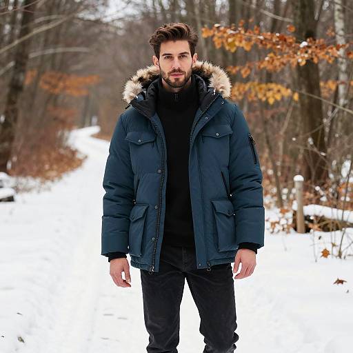 Photograph of a bearded man with dark hair, wearing a black puffer jacket with a fur hood, black turtleneck, and jeans,