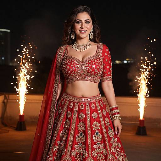Photograph of a smiling South Asian woman in a red and gold traditional lehenga-choli, adorned with jewelry, standing at night with lit sparklers