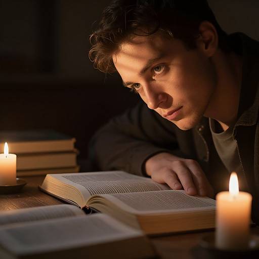 Photograph of a young man with curly brown hair, illuminated by candlelight, intently reading an open book at a dimly lit wooden table.